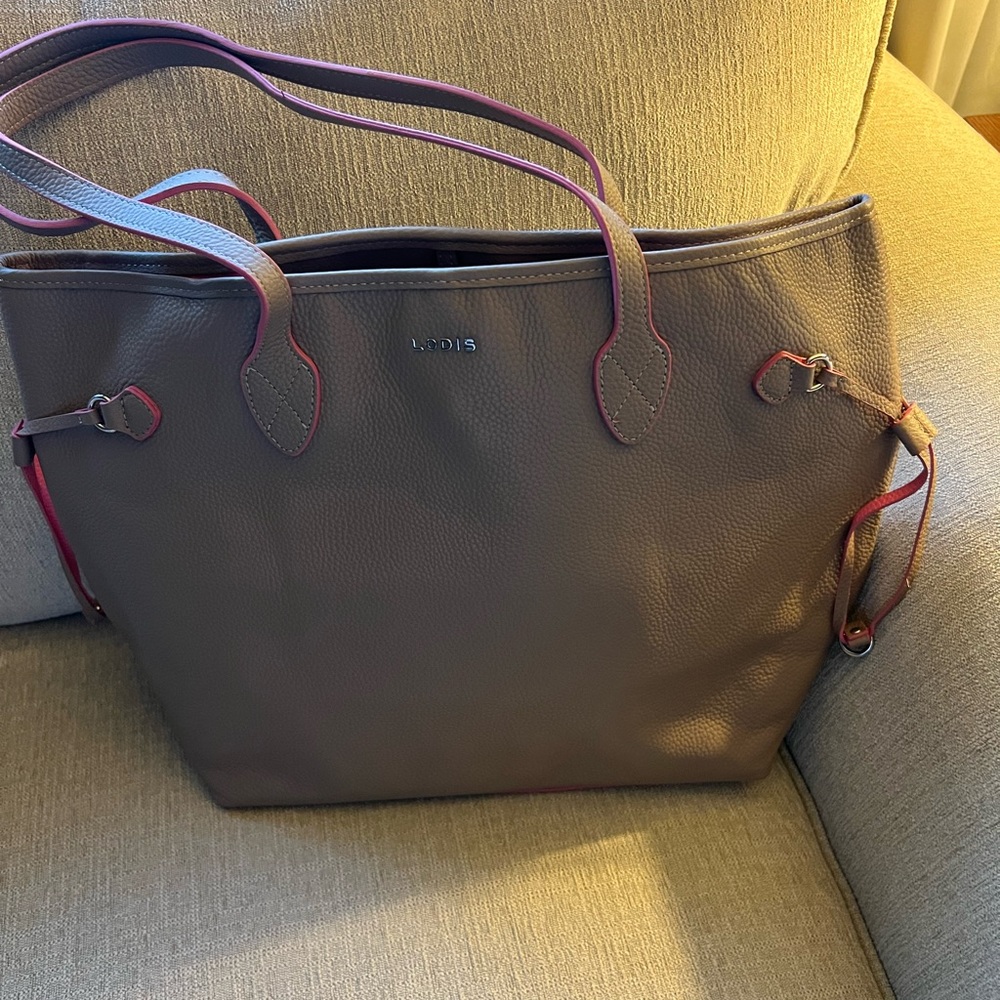 Lodis Bliss Taupe/pink leather tote 17x12x7